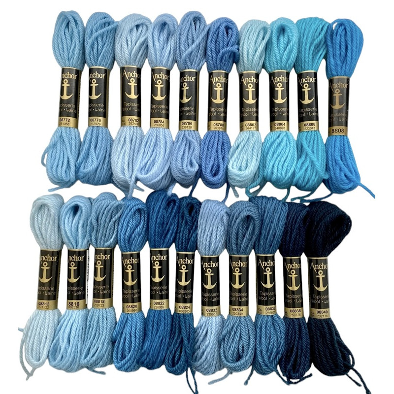 Siniset-turkoosinsiniset villakirjontalangat 8772-8840