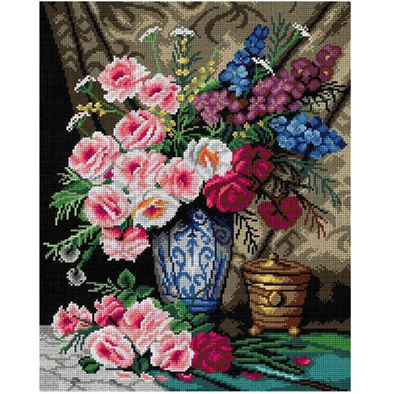 Puutarhan kukkia maljakossa -kanavatyö 2985M ilman lankoja