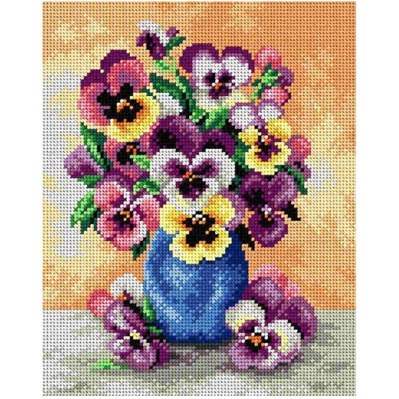 Orvokit sinisessä maljakossa -kanavatyö 2302H ilman lankoja