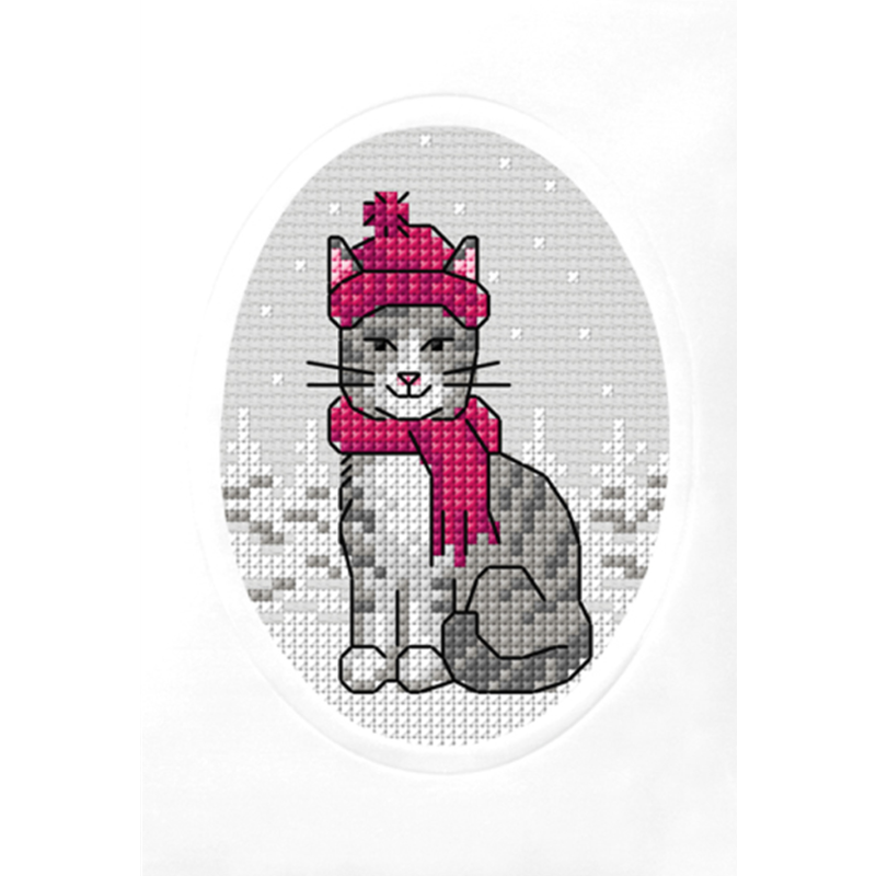 Kissa ja punainen pipo -ristipistokortti 6319