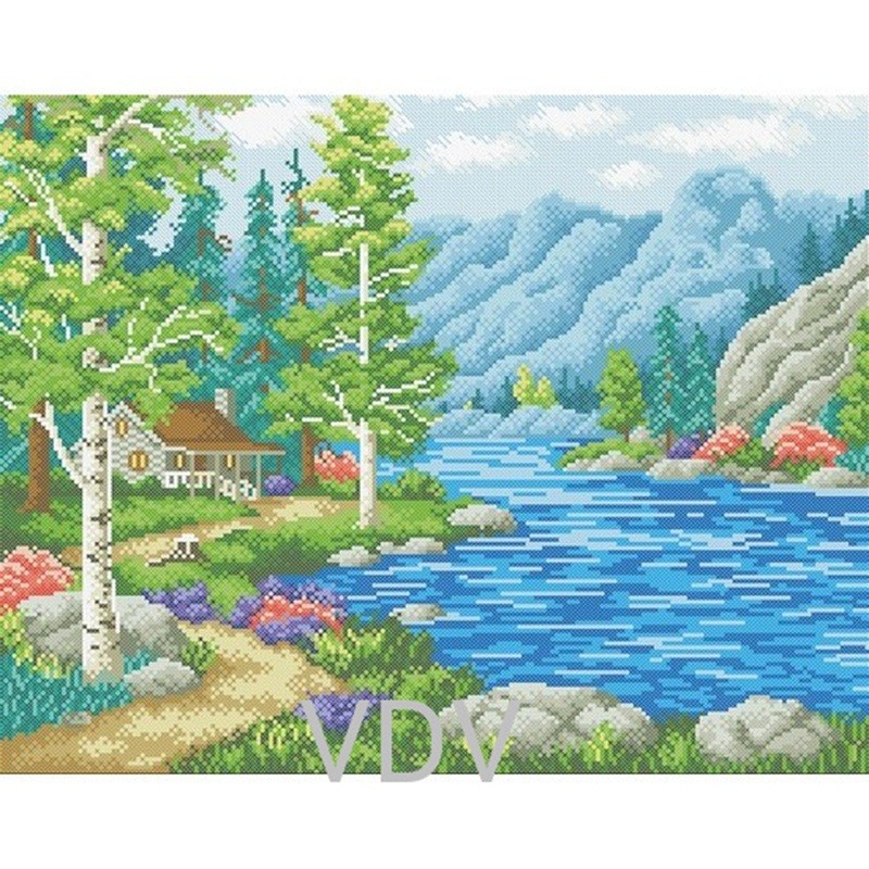 Mökki järven rannalla -ristipistotyö M-1143