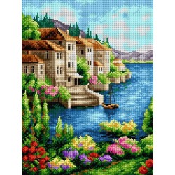 Maisema, missä kukkia ja vene -kanavatyö 2179J ilman lankoja